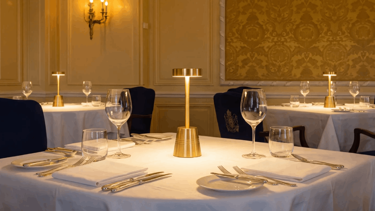 A guest reaching for a lamp during a busy service, the room unchanged
