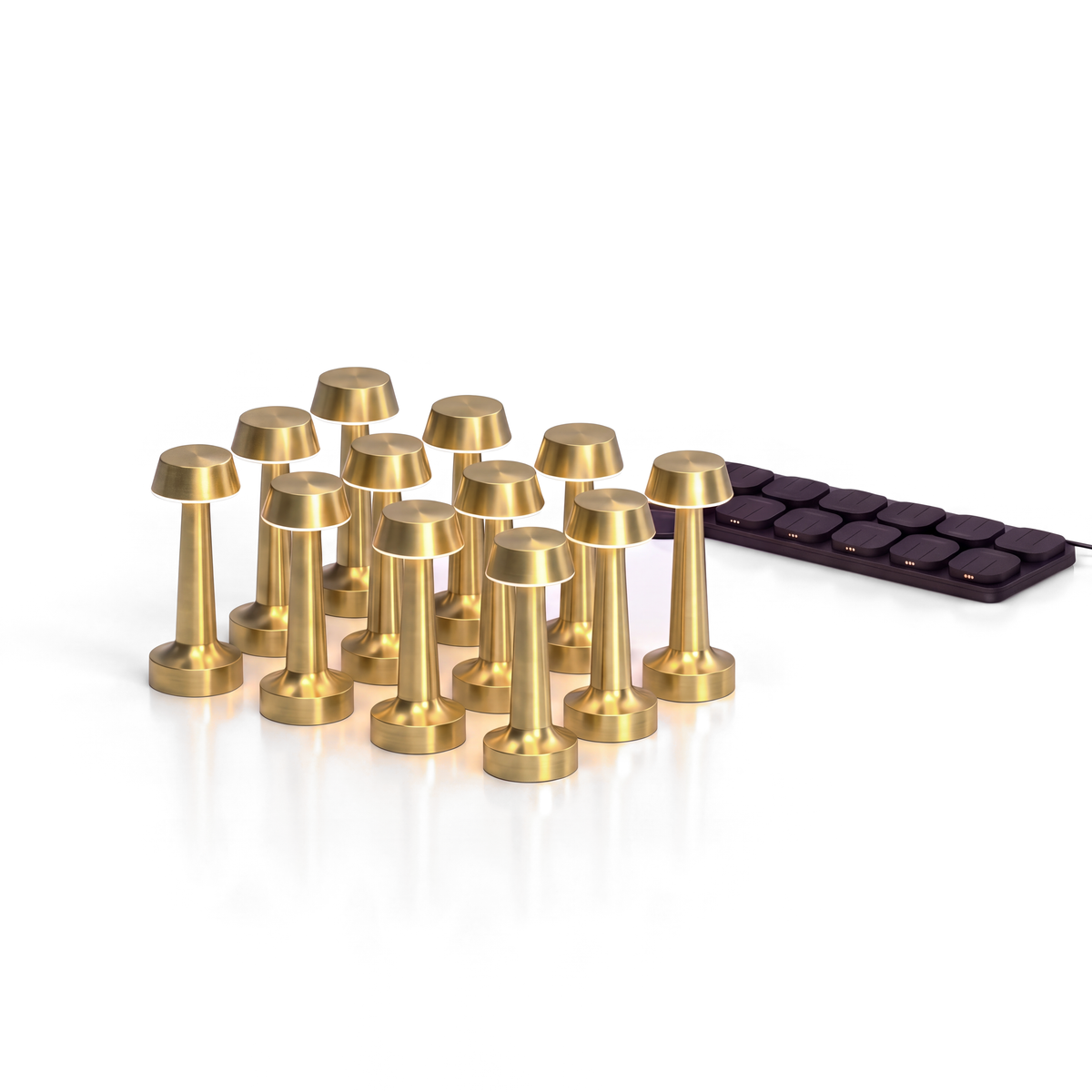Vera brass cordless table lamps – set of 12 with charging station