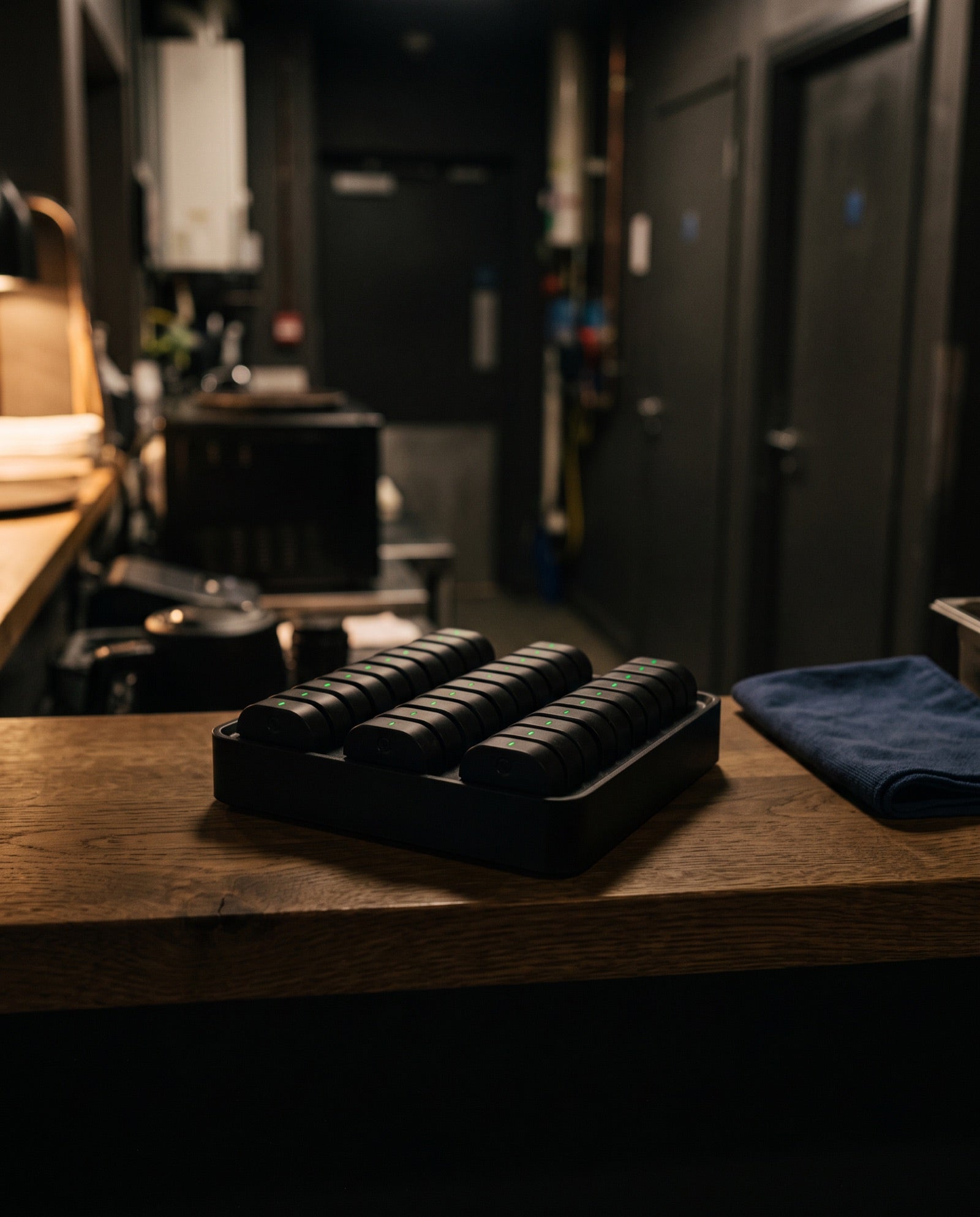 A charging station on a back-of-house counter, batteries seated for the night.