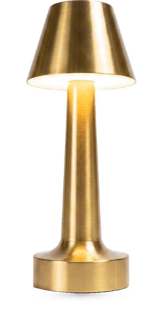 Linea rechargeable table lamp, tapered brass shade