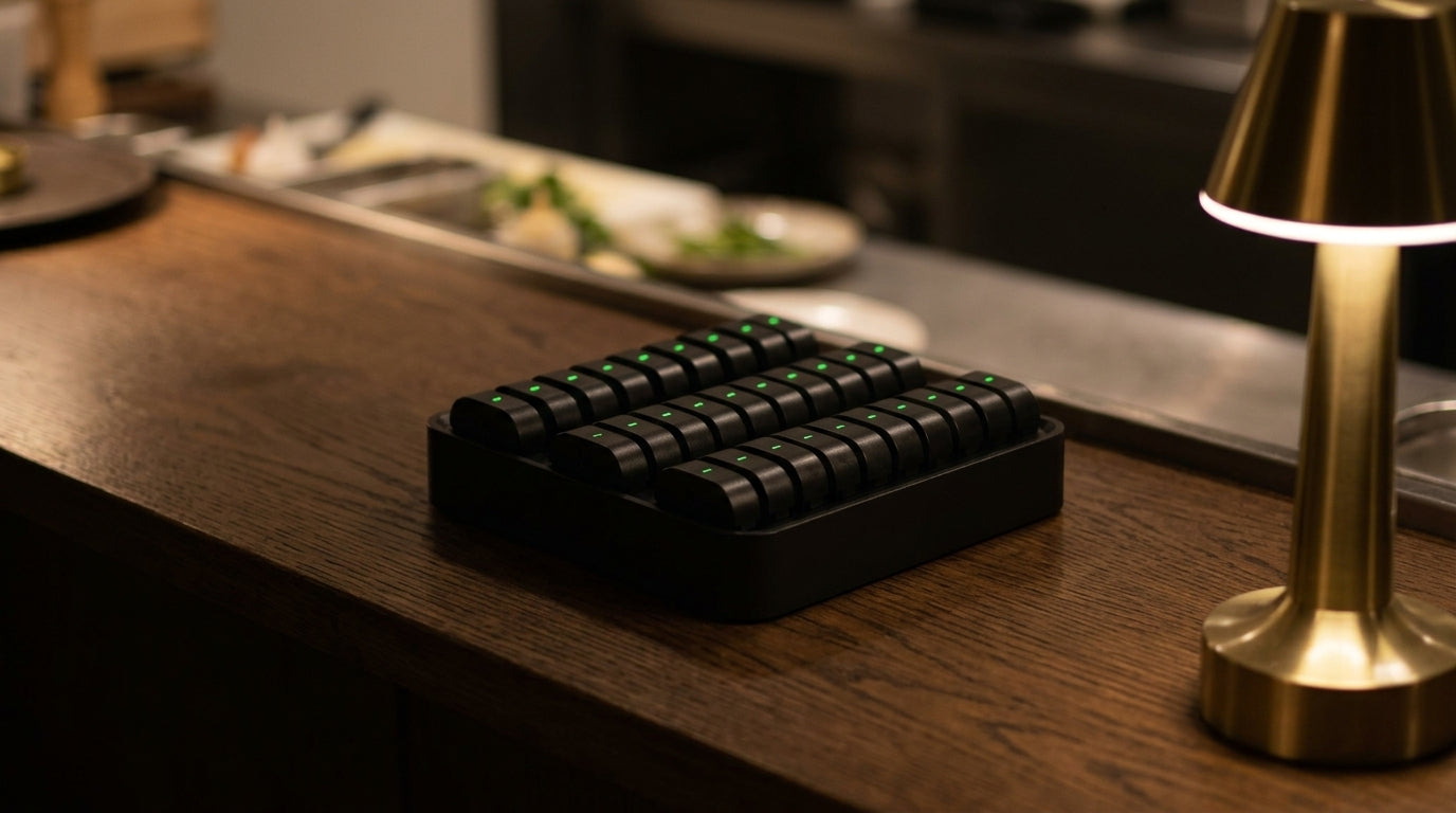 A thirty six port charging dock with spare batteries on a service counter, a Linea lit beside it