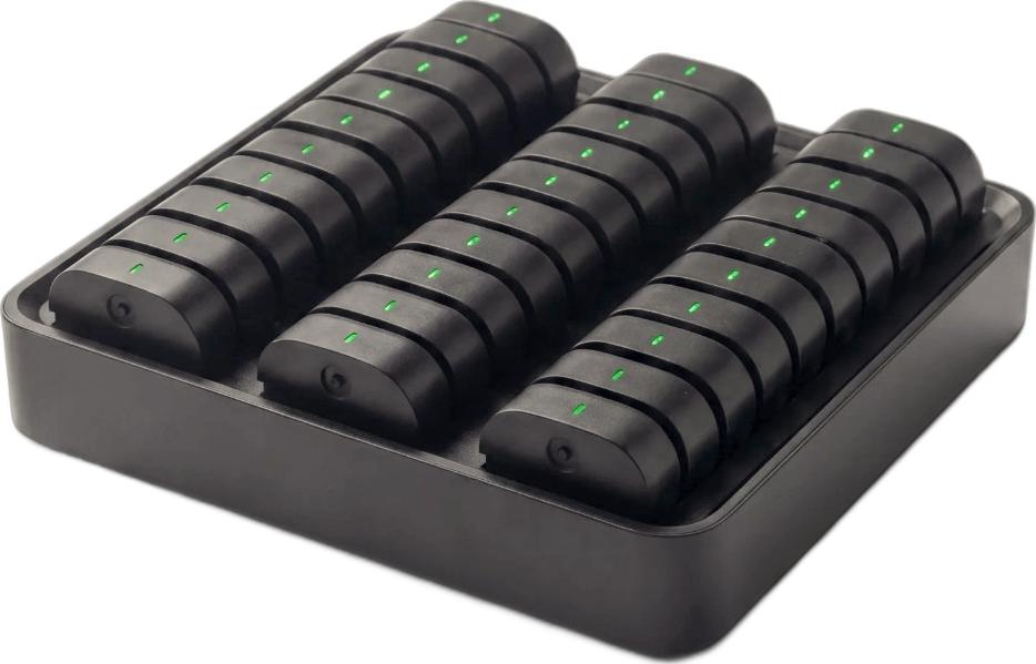 A charging station holding a row of batteries.