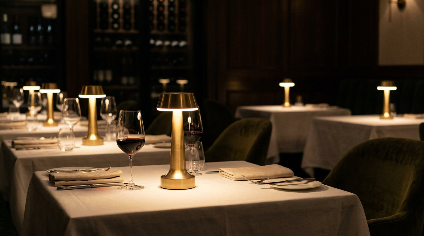 Vera lamps lit on set tables in a panelled dining room
