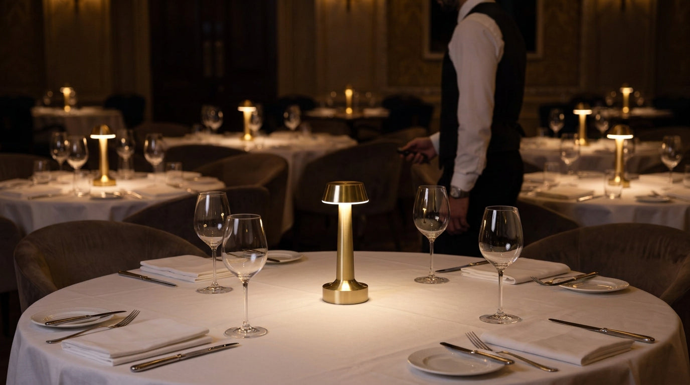A server setting a Vera on a laid table with the remote