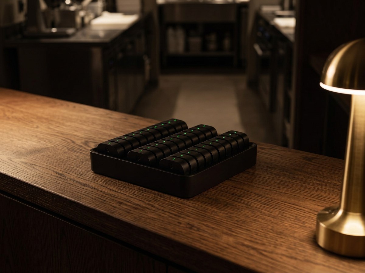 A charging station with spare batteries on a service counter