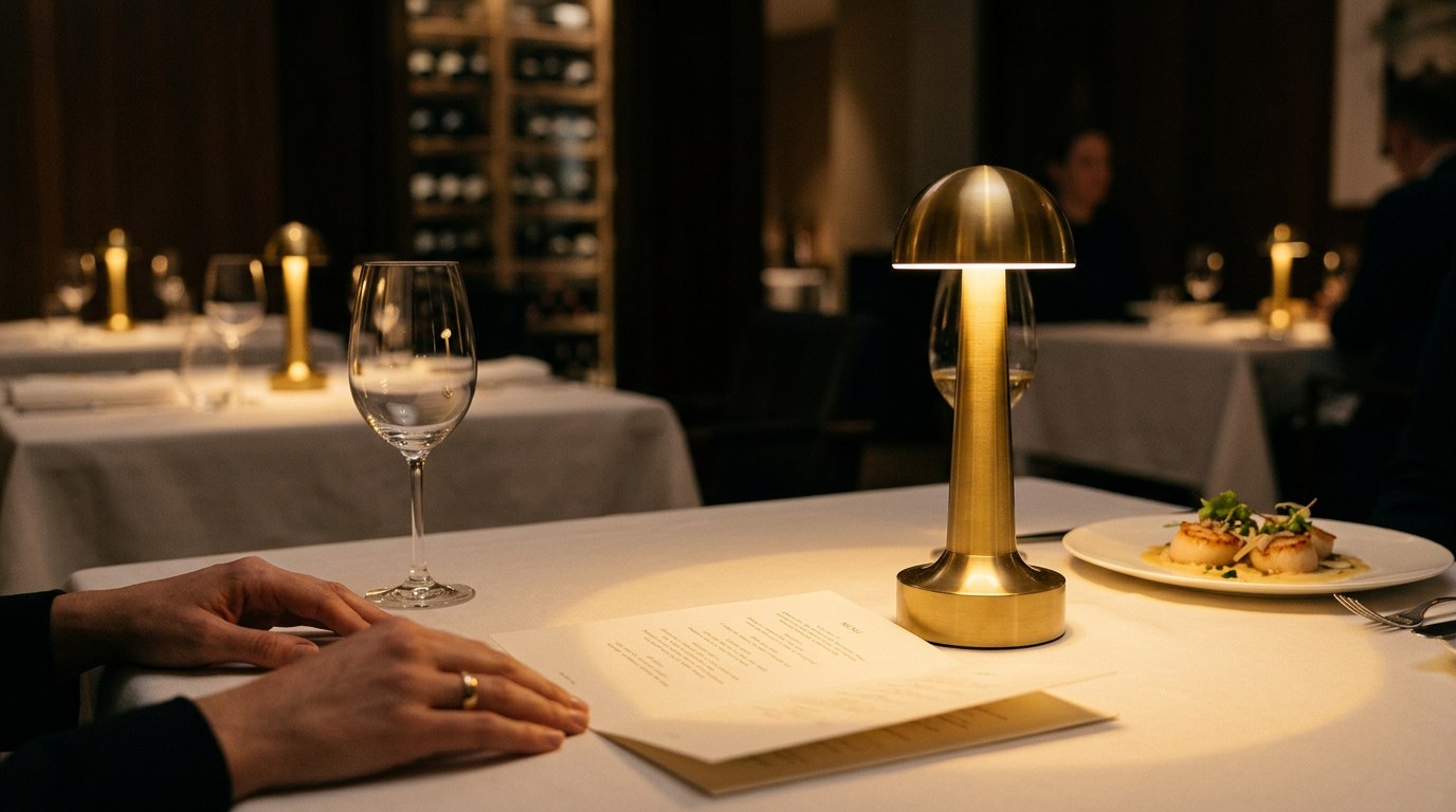 An Aveline lighting a printed menu and a plated dish on a laid restaurant table