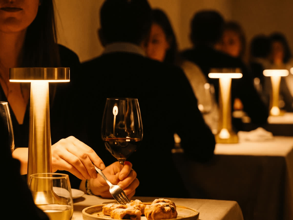 Guests at a table while every table in the room carries the same warm light