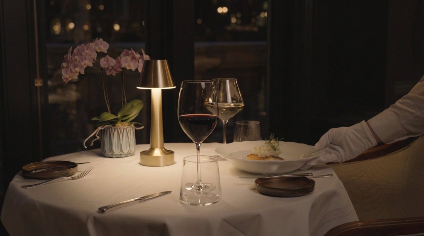 Linea lamps lit on set tables in a panelled dining room