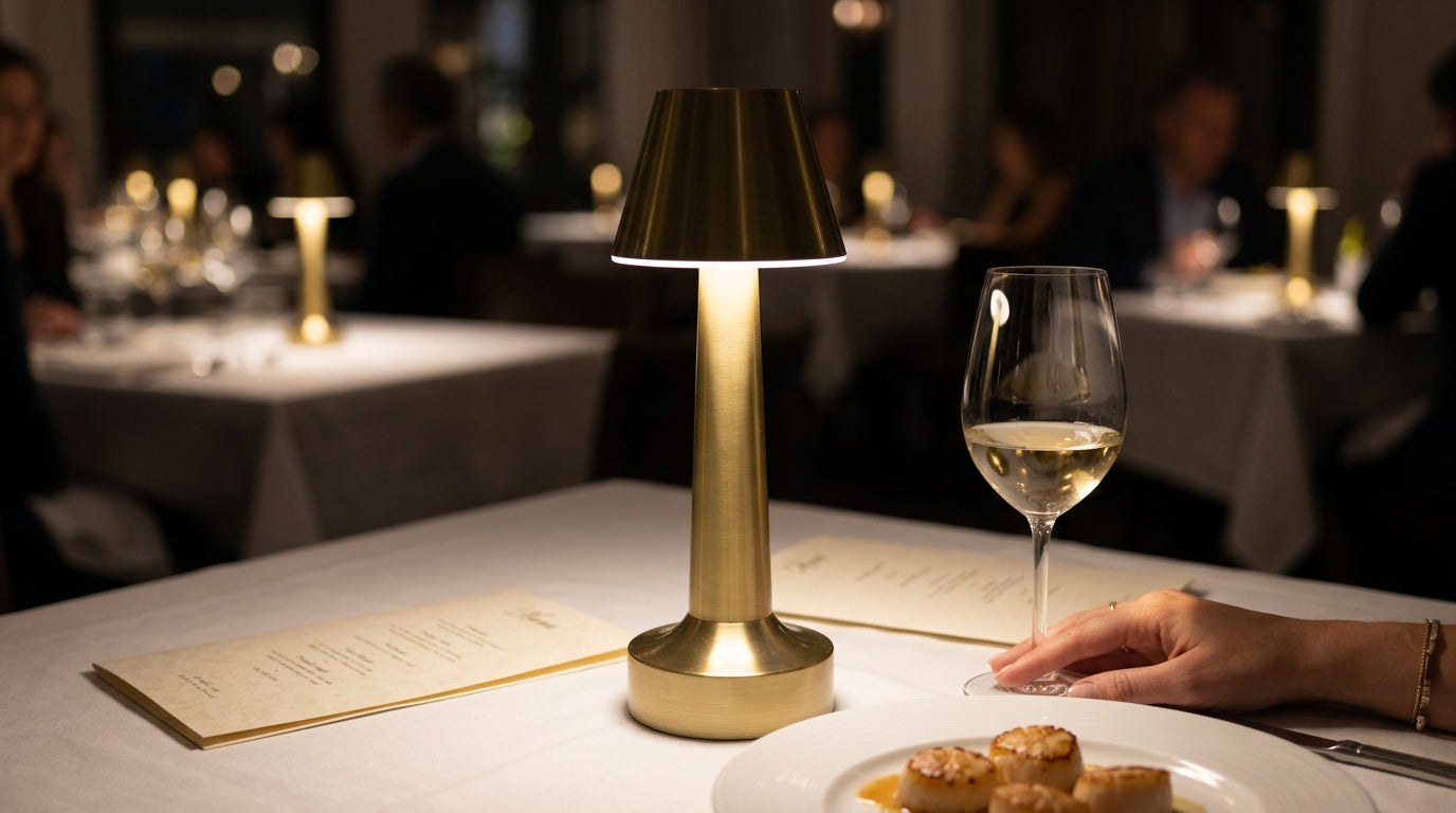 A Linea lighting a printed menu and a plated dish on a laid restaurant table