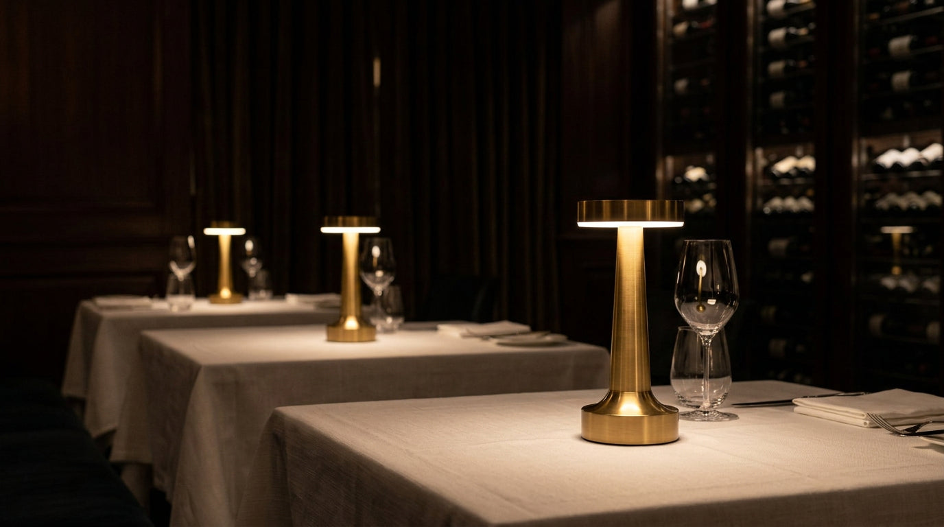Liora lamps lit on set tables in a panelled dining room