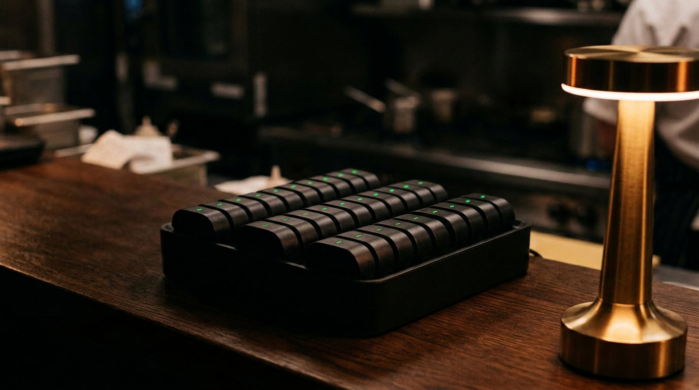 A thirty six port charging dock with spare batteries on a service counter, a Liora lit beside it