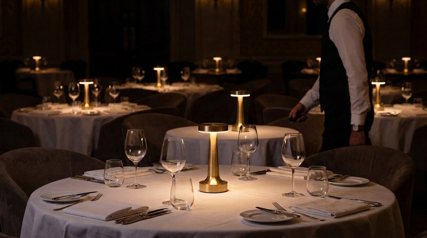 A server setting a Liora on a laid table with the remote