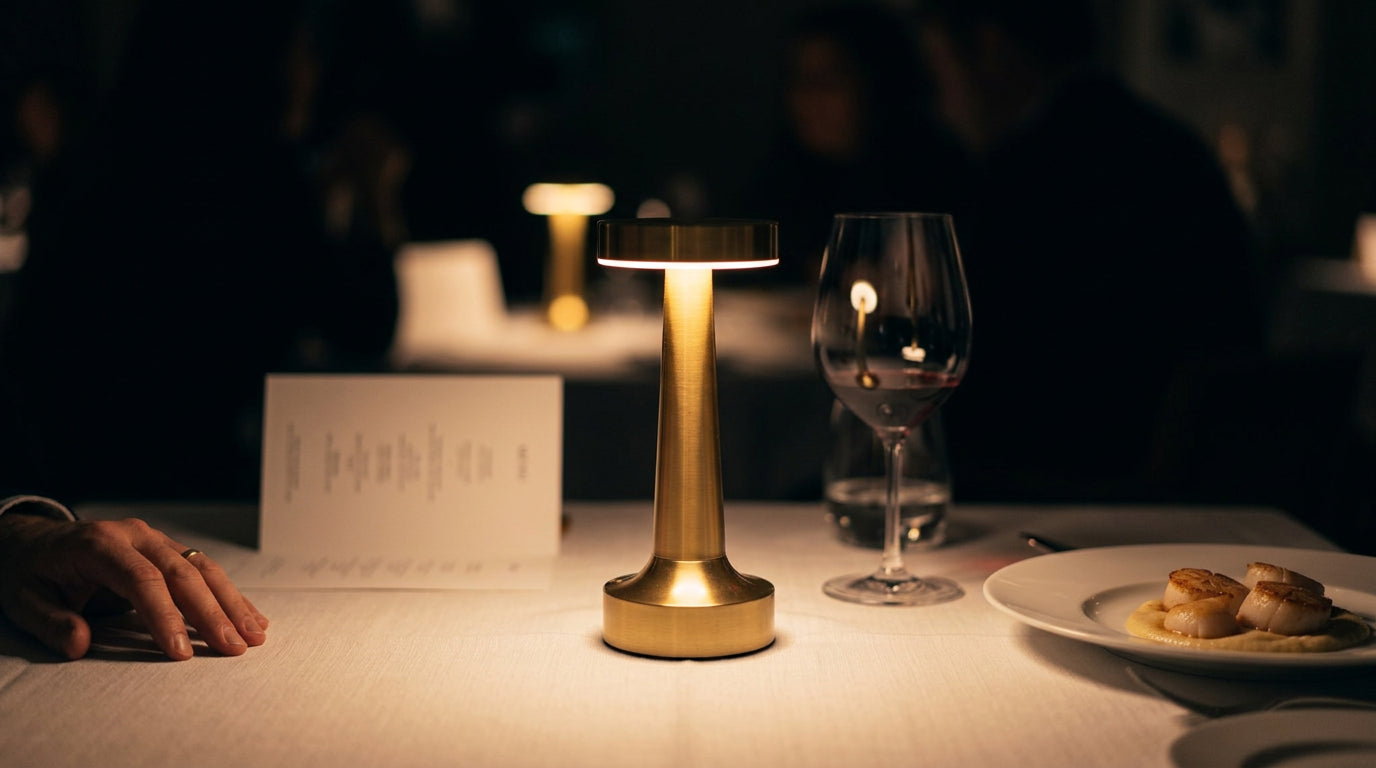 A Liora lighting a printed menu and a plated dish on a laid restaurant table