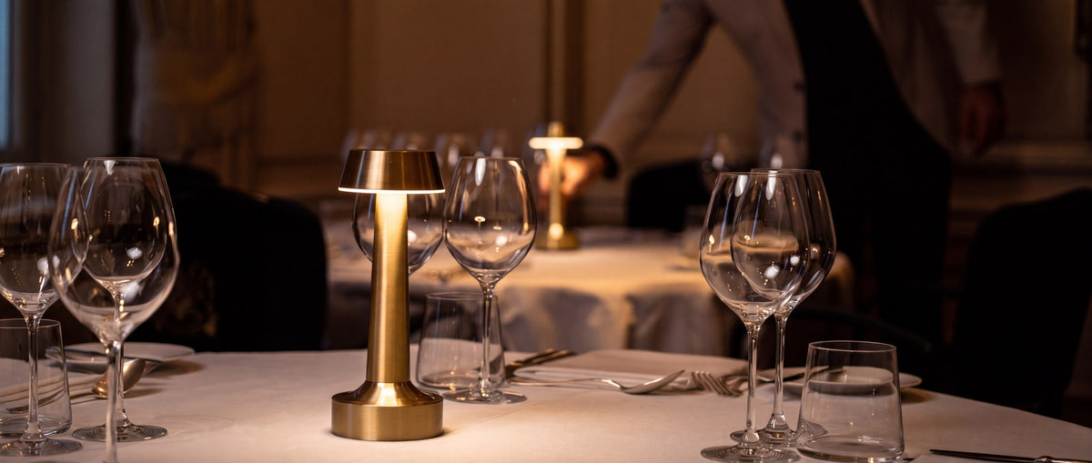 A Clarté lamp on a dressed table during service, the room working behind it