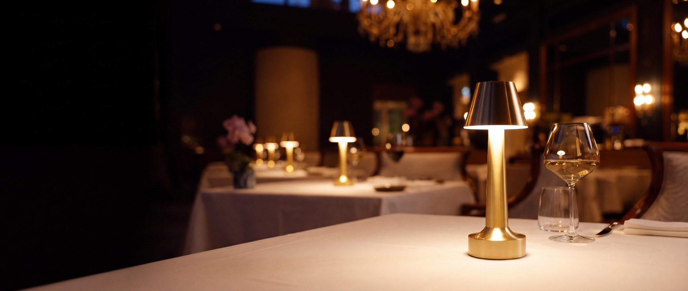 A dining room in service, several Clarté lamps lit across the tables.