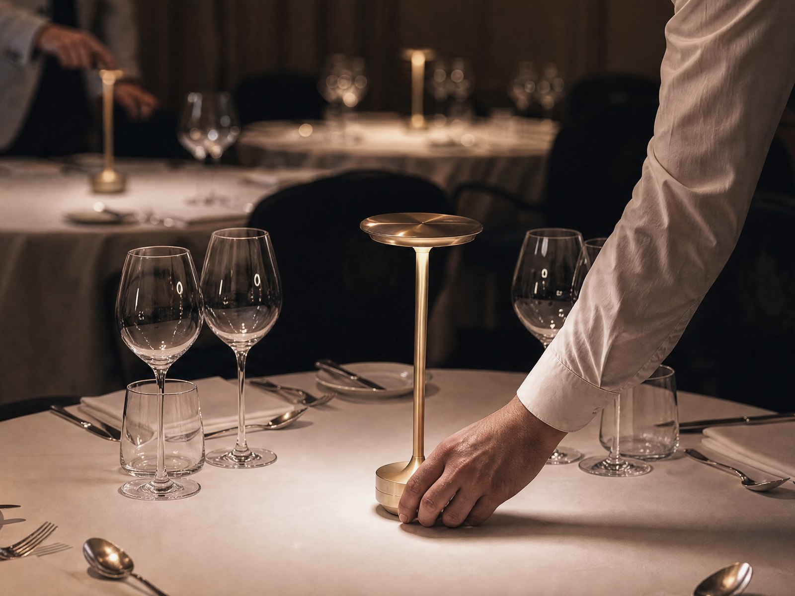 A waiter setting a brass lamp on a dressed table, with a second table behind.