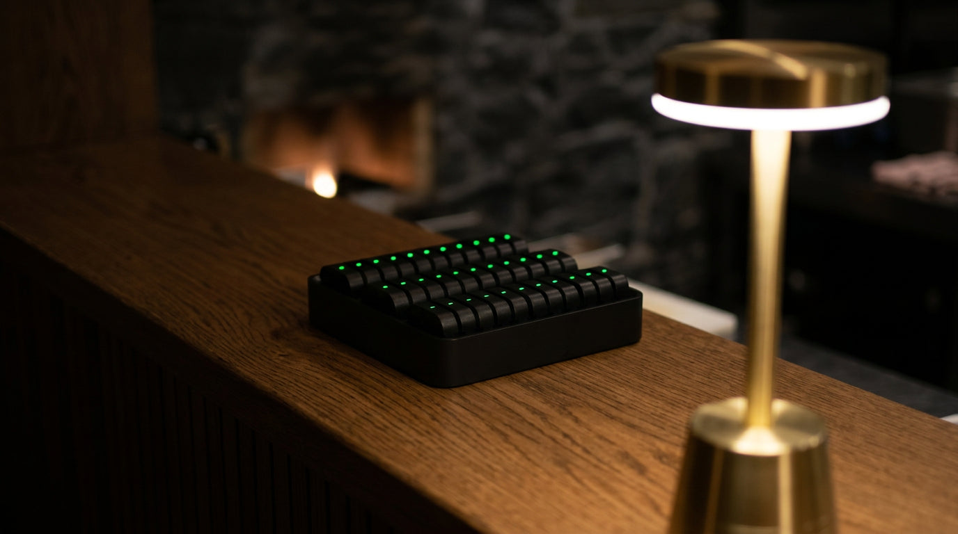 A thirty six port charging dock with spare batteries on a service counter, a Sienna lit beside it