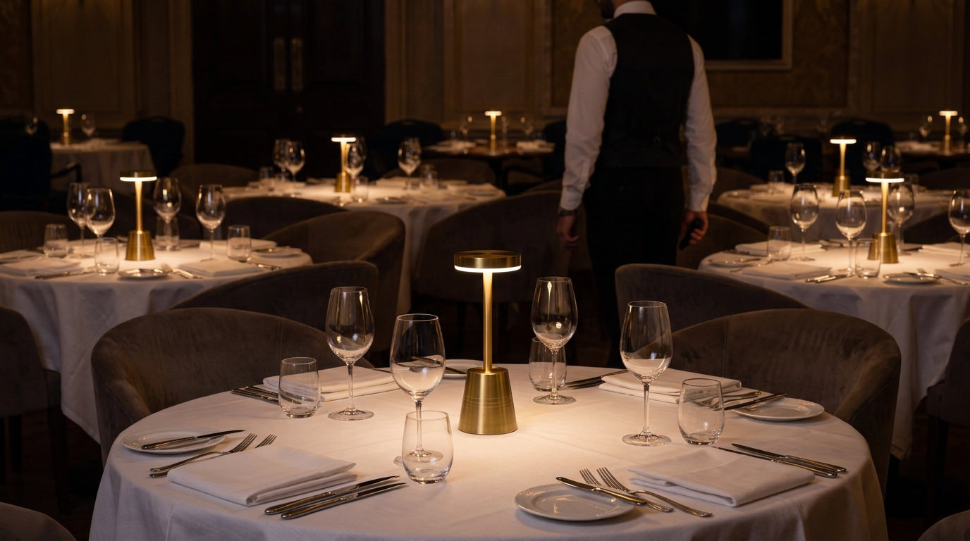 A server setting a Sienna on a laid table with the remote