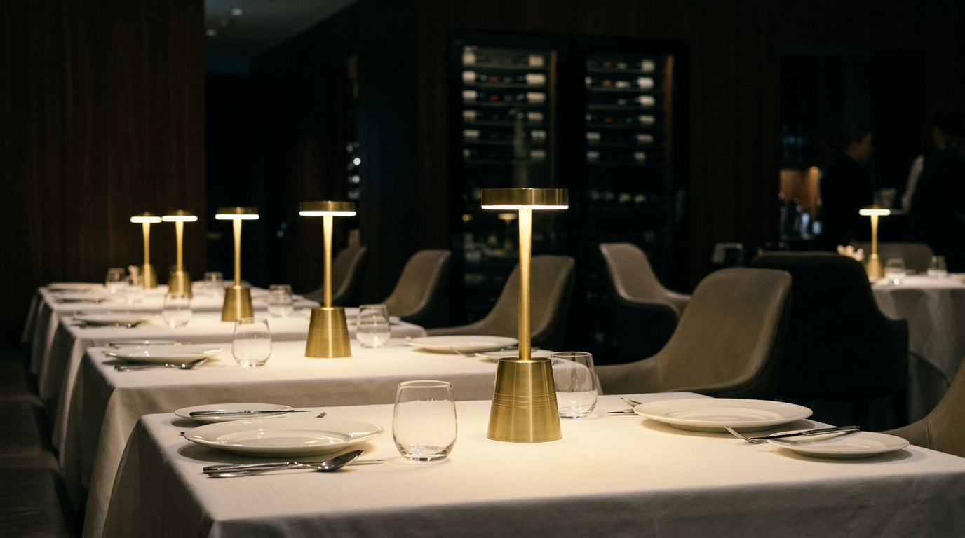 A Sienna lighting a printed menu and a plated dish on a laid restaurant table