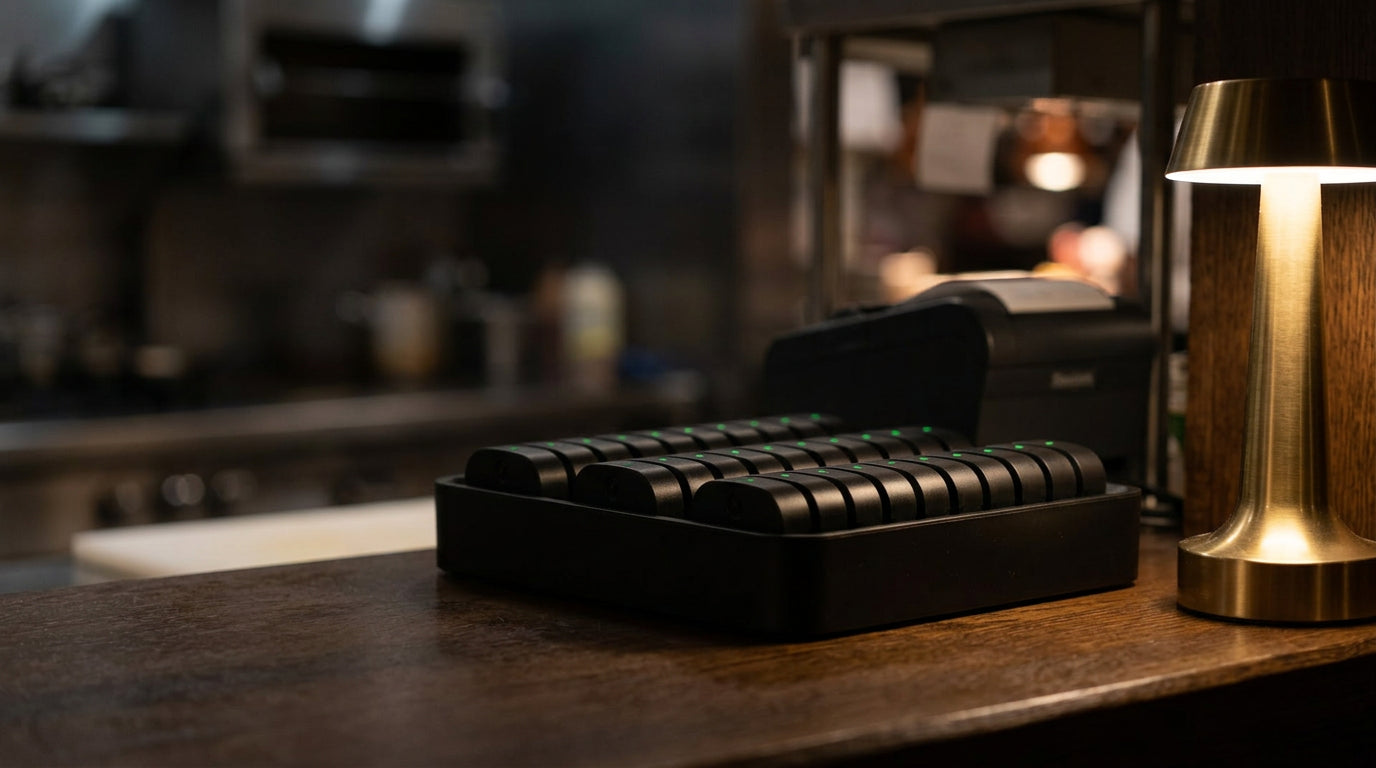 A thirty six port charging dock with spare batteries on a service counter, a Vera lit beside it