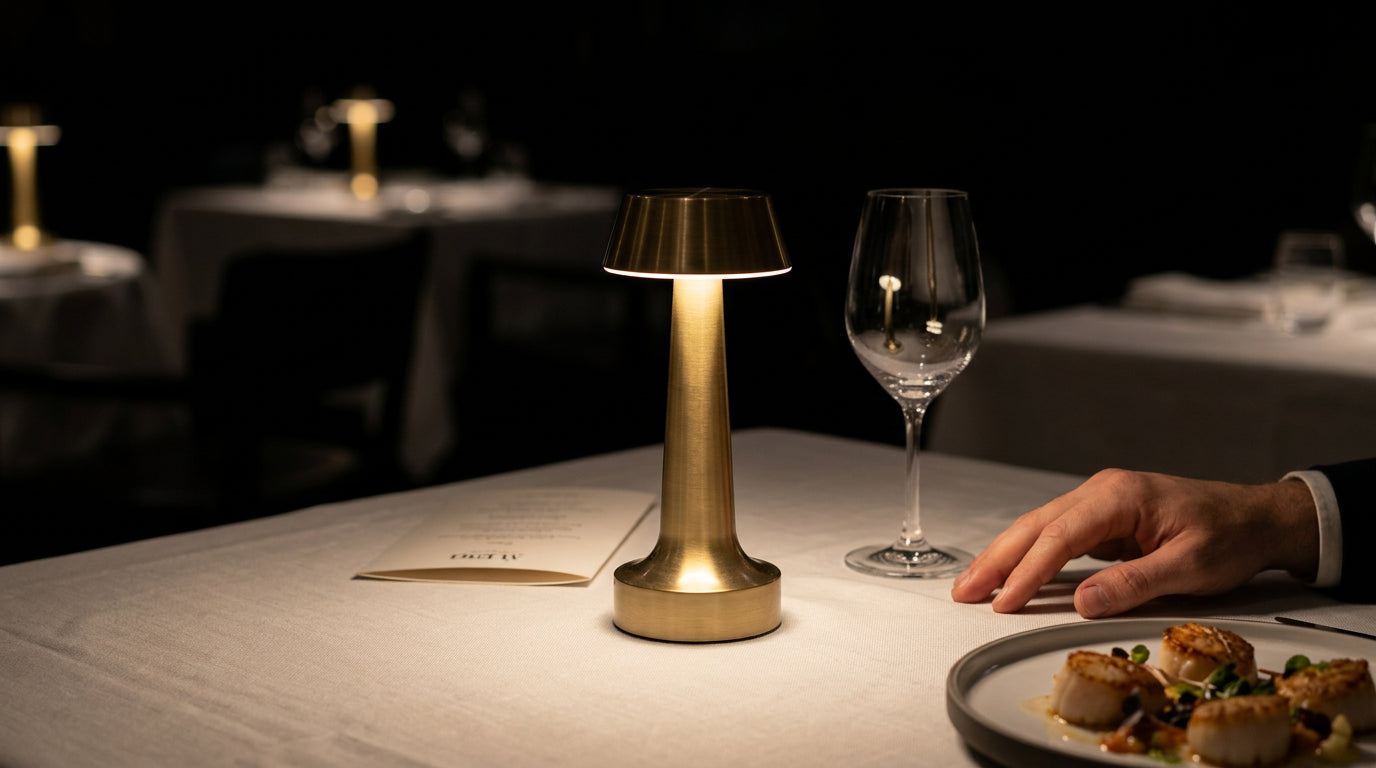 A Vera lighting a printed menu and a plated dish on a laid restaurant table