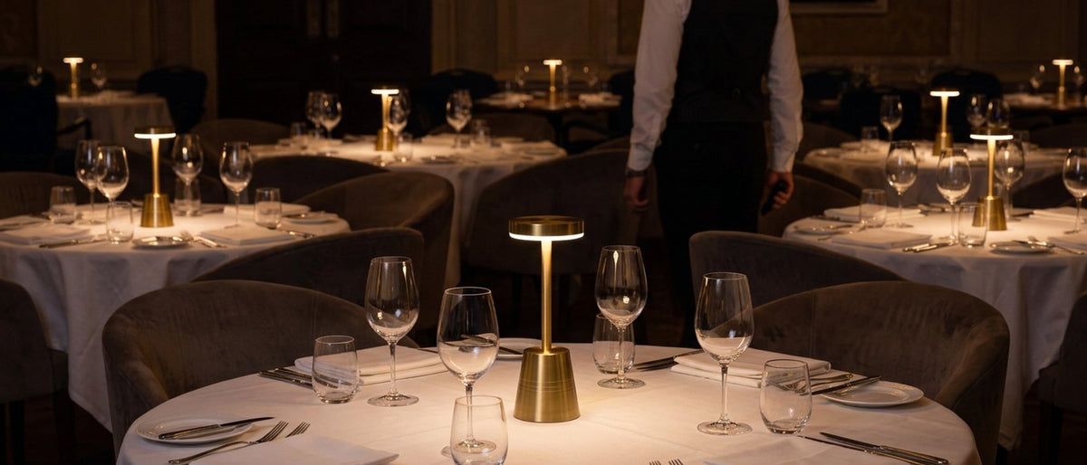 A dining room where every table carries a Clarte lamp at the same setting, a waiter crossing the floor behind them